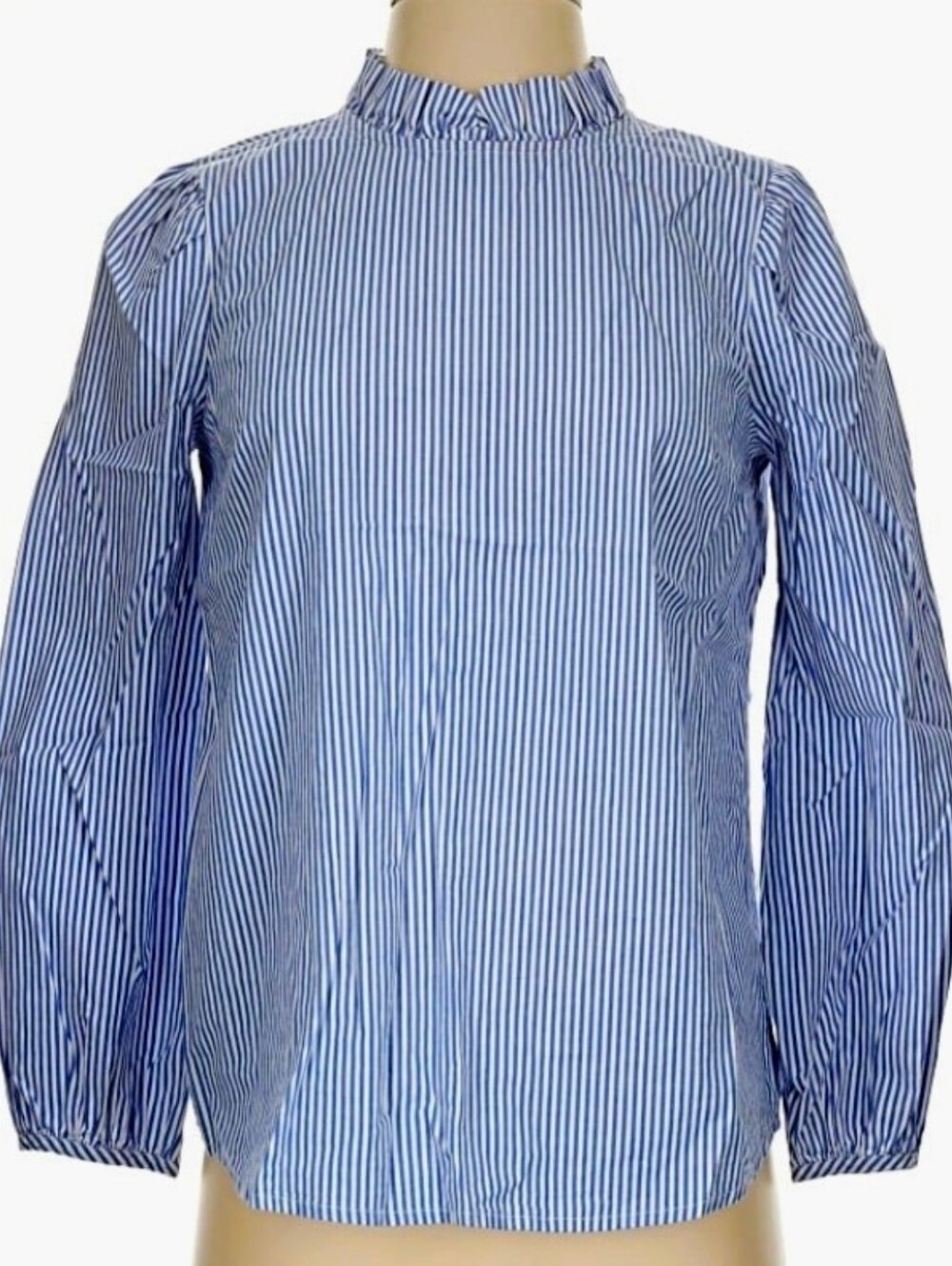 J. CREW 🦚 Pin Stripe Cotton Ruffle Neck Blouse 🦚 Sz XS ⚜️ LN/EUC
